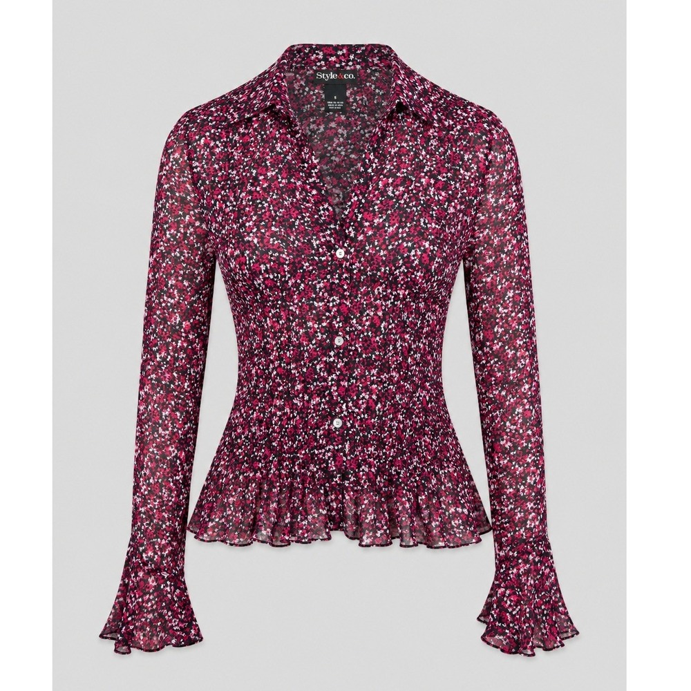 Style & Co Speckled Garden Button Front Blouse Bordeaux Pink Black Floral Size 6